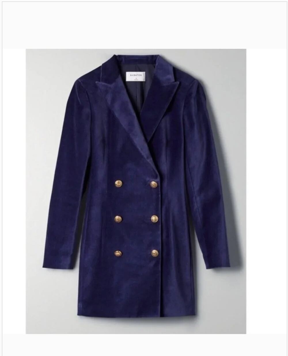 Babaton Pelli Velvet Blazer Dress 6 Blue Double Breasted Gold Button Glam